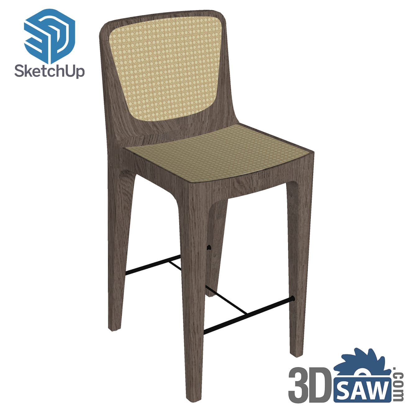 Rustic dark oak bar stool with woven cane seat and back