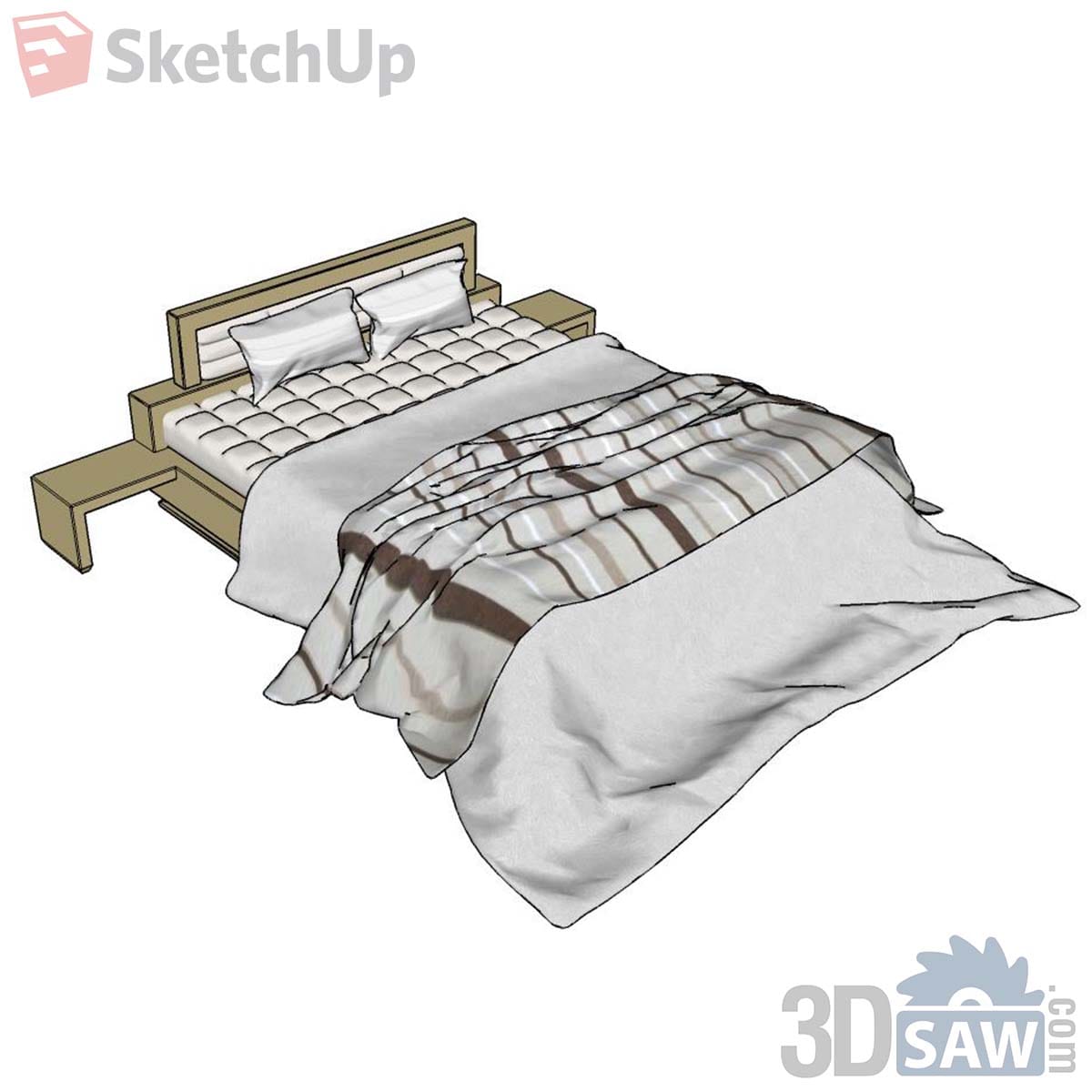 Light oak platform bed with built-in side shelves, quilted mattress and striped cream duvet