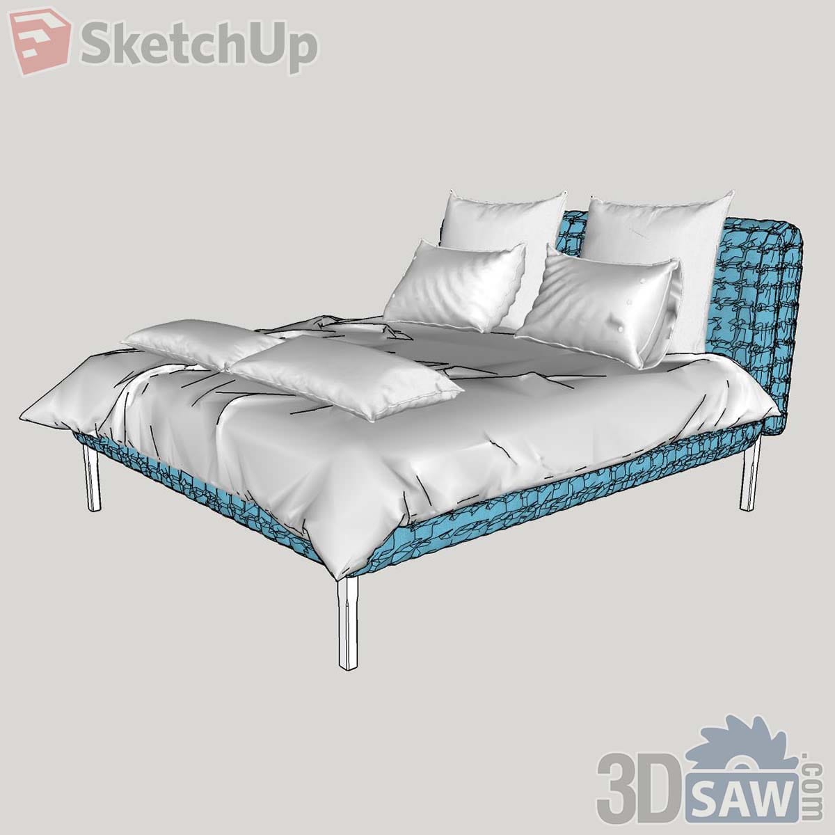 Aqua blue woven upholstered bed on chrome legs with white bedding and pillows