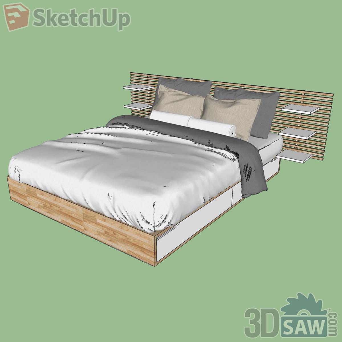 Wood storage bed with long slatted headboard, floating side shelves and white and charcoal bedding