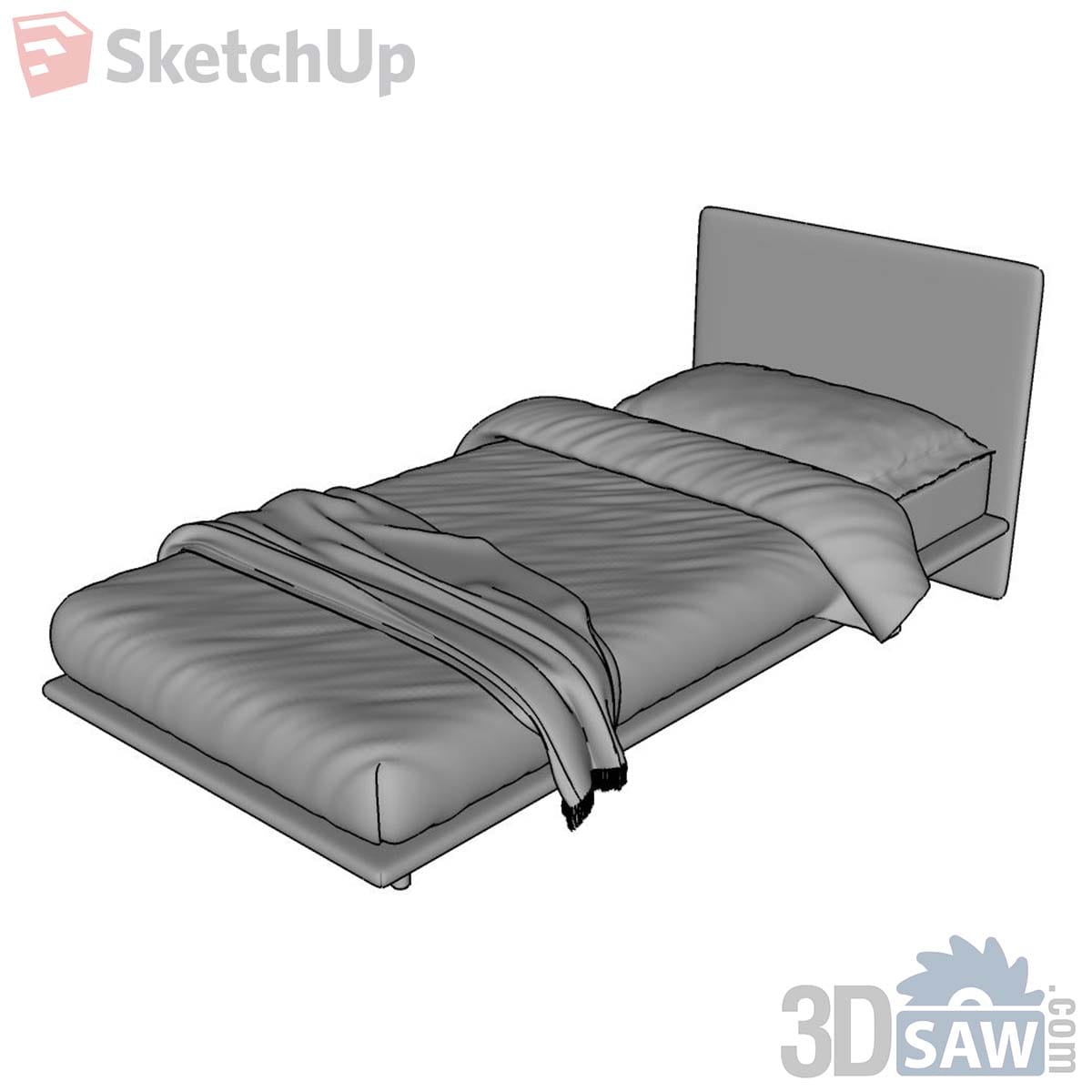 Grey upholstered single bed with panel headboard, grey duvet and fringed throw