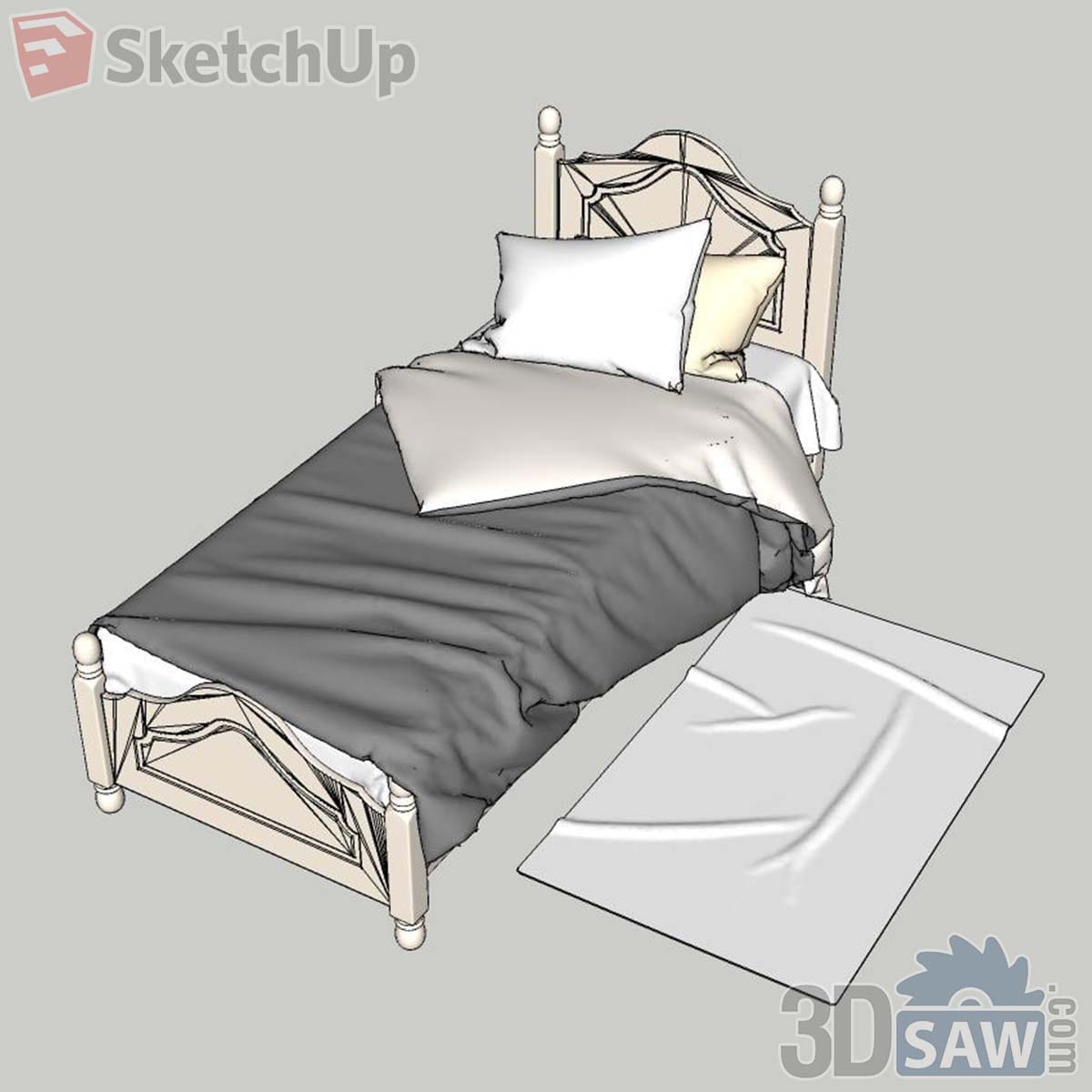 Cream painted single bed with turned posts, carved headboard, grey bedding and a white rug