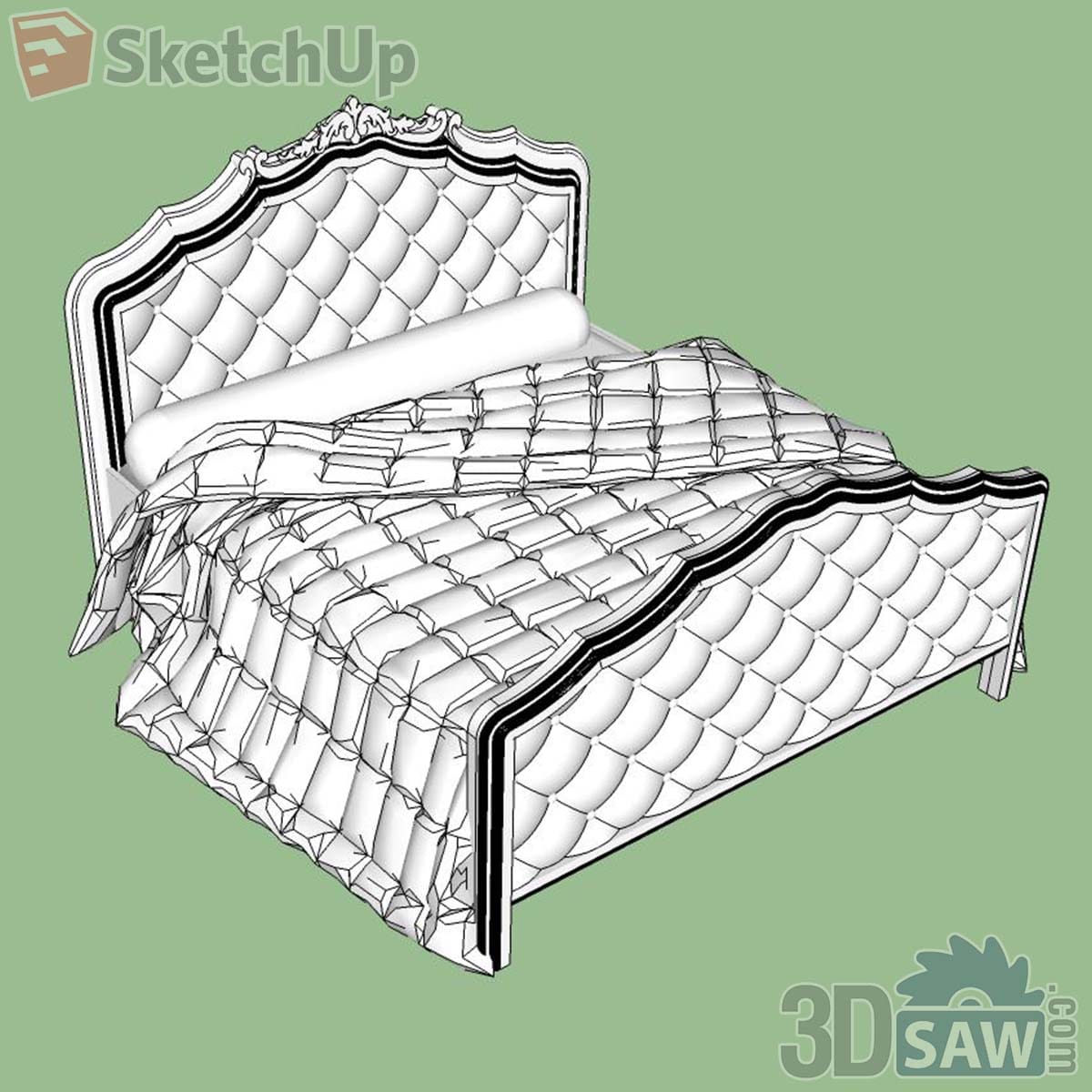 Classic bed with carved crest and diamond-tufted headboard and footboard, quilted coverlet