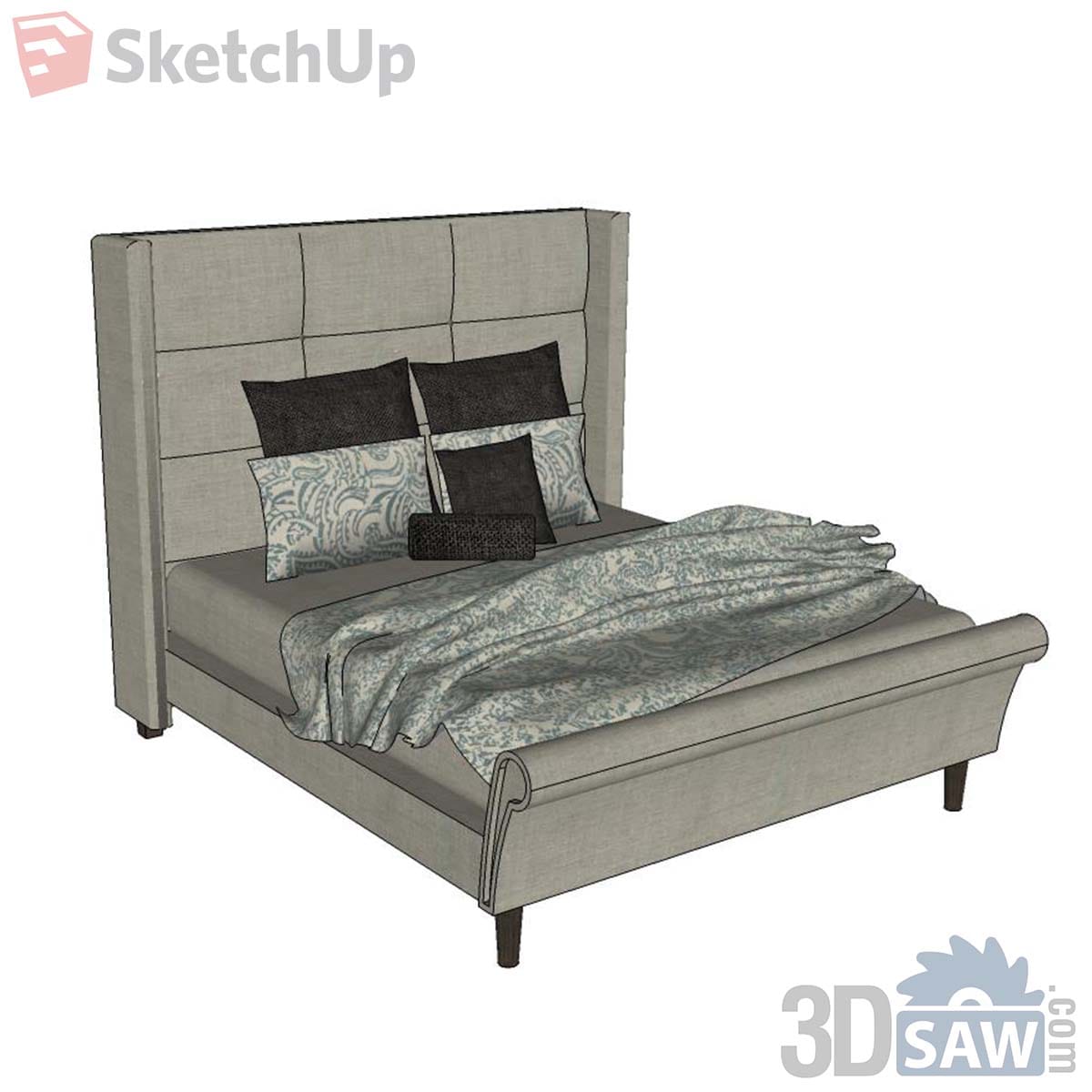 Grey linen wingback sleigh bed with sage paisley throw and dark cushions