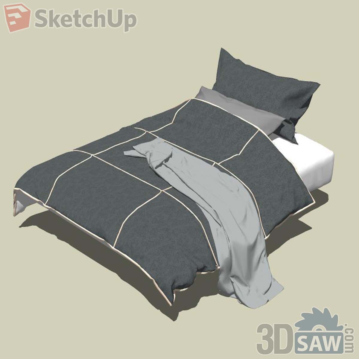 Single bed with charcoal duvet outlined in cream piping and a pale grey folded sheet