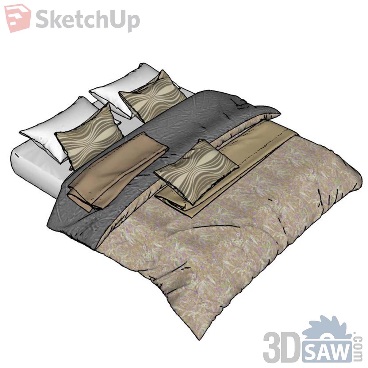 Taupe floral duvet with grey throw, folded tan blankets and wave-pattern cushions