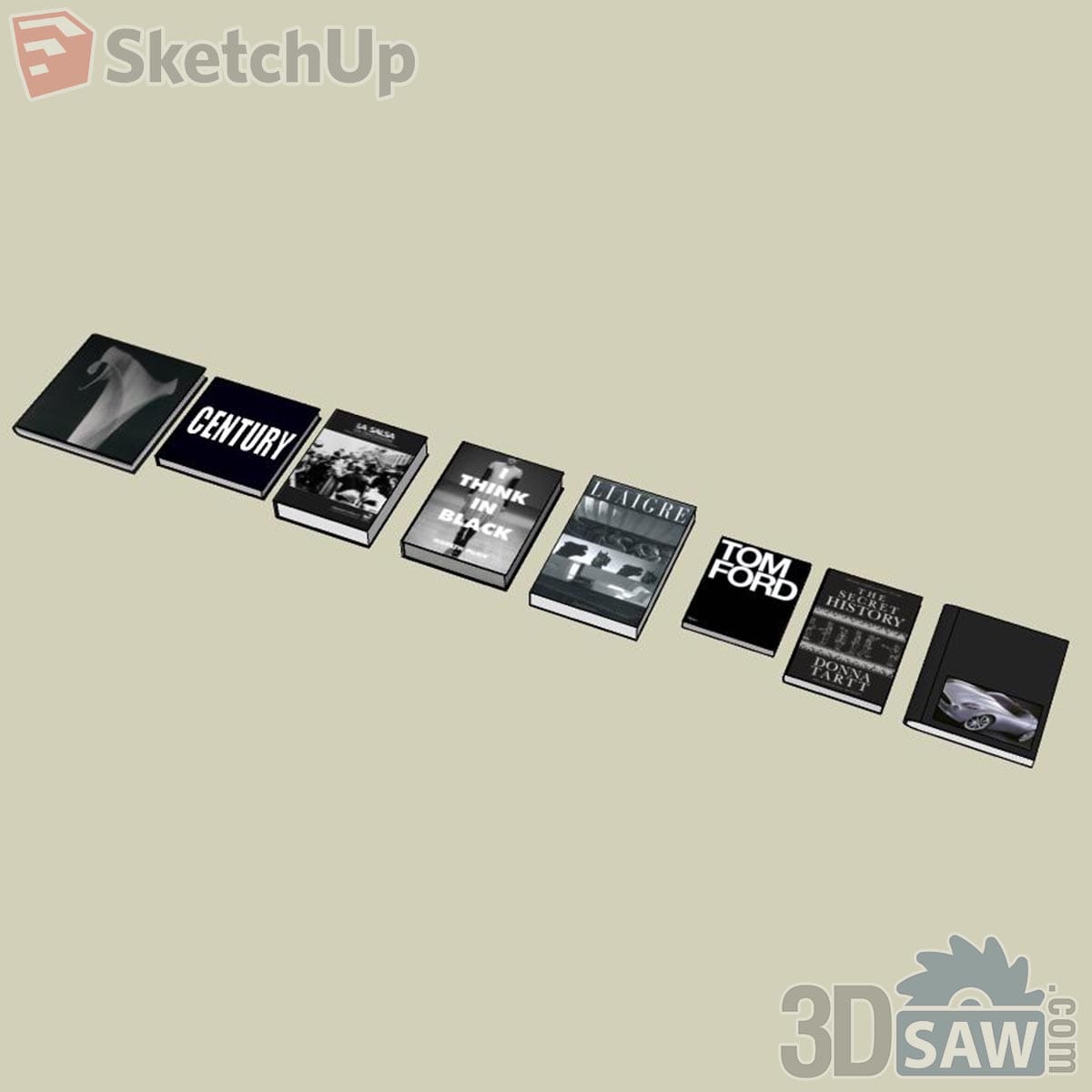 Eight monochrome hardcover coffee table books laid out in a row with black and white covers