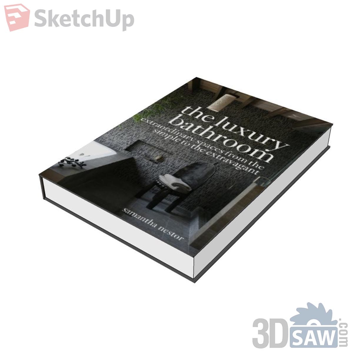 Hardcover interior design book with a dark stone bathroom photo on the cover and white page edges