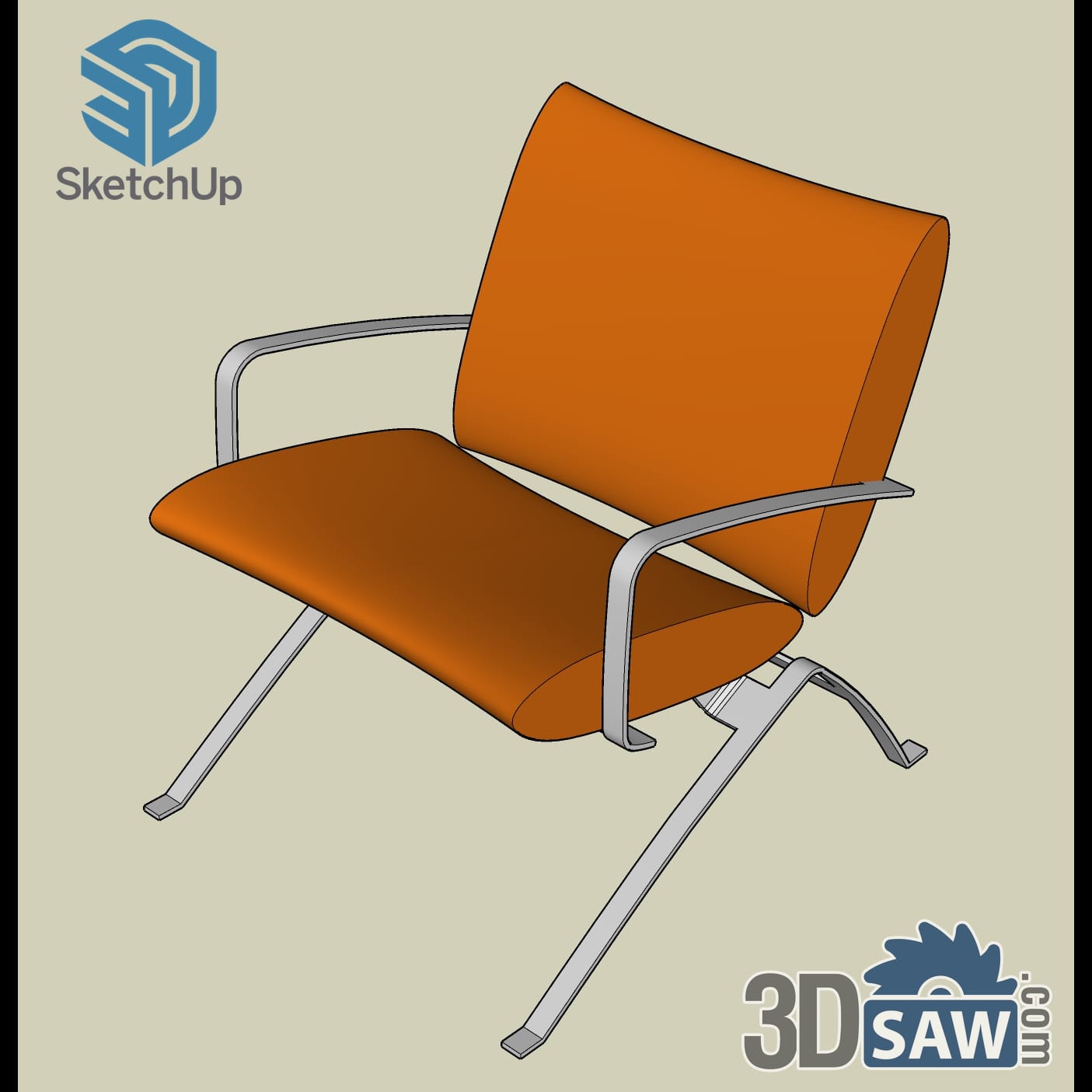 Orange upholstered lounge chair with steel arms and legs