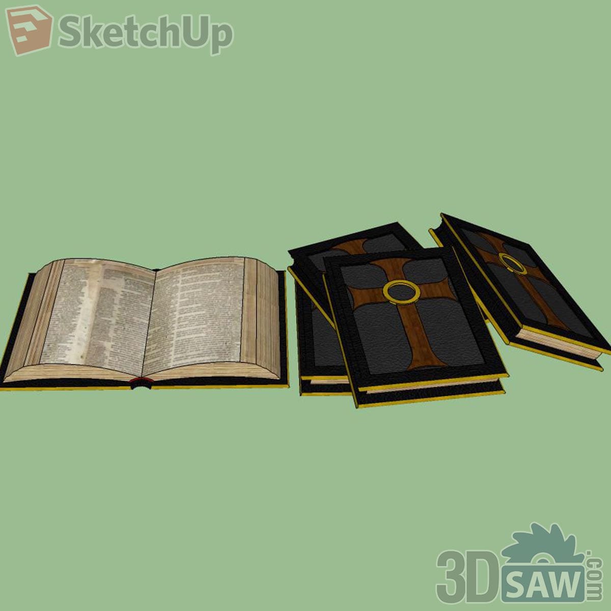 Open aged book with gilt edges next to three black leather books with a cross and gold ring on the cover