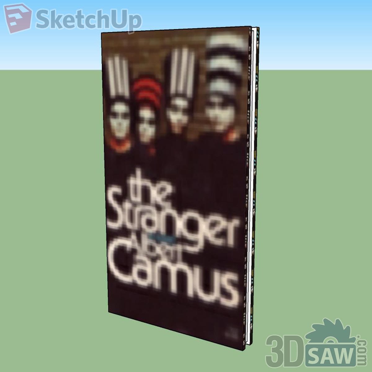 Tall slim paperback standing upright with dark cover of four painted faces and white lettering