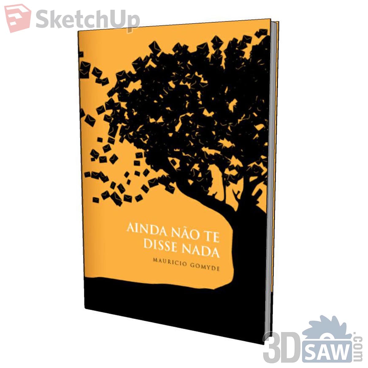 Hardcover book with bright orange cover and black tree silhouette scattering envelopes