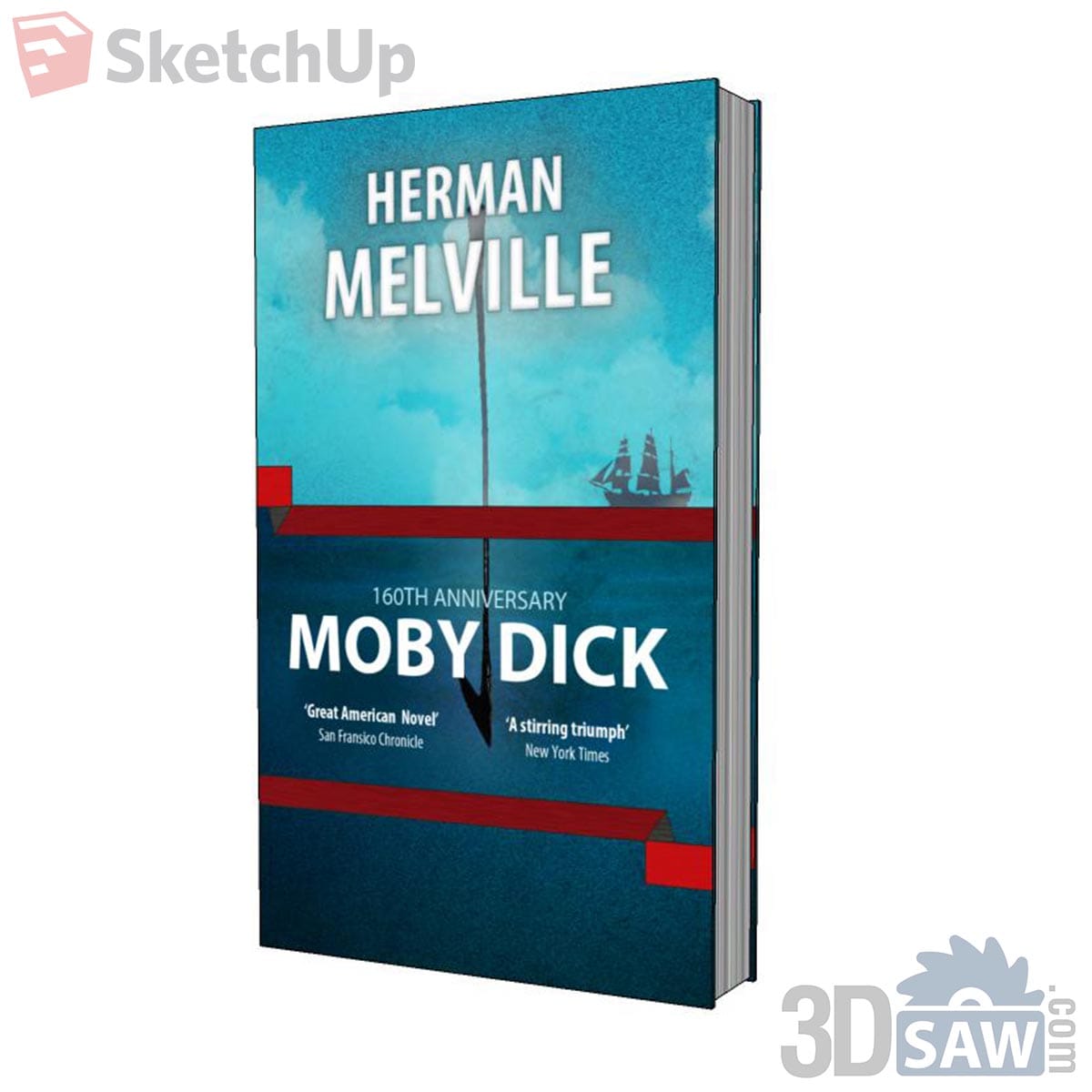 Standing paperback with teal and navy sea cover, small sailing ship and red ribbon bands