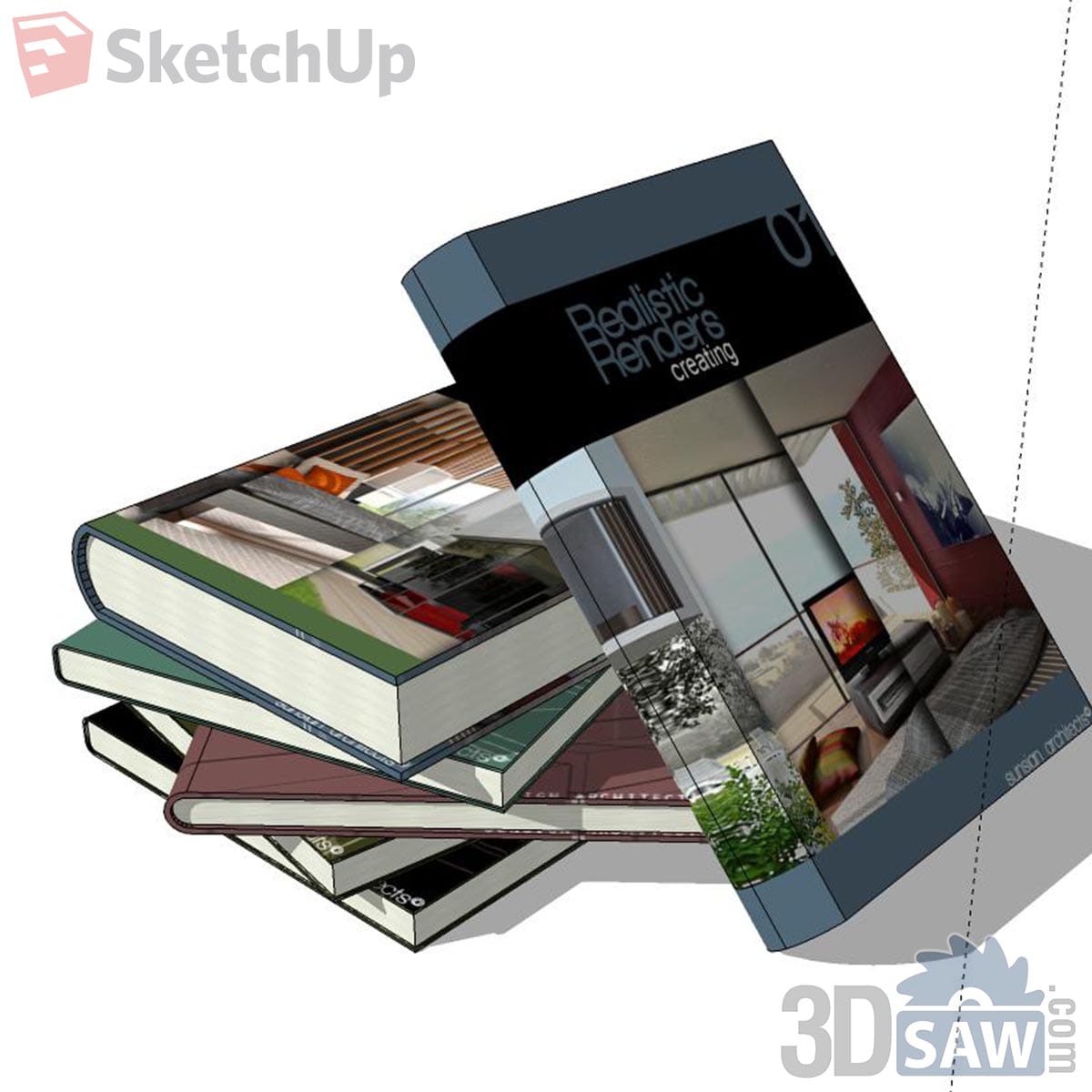 Pile of hardcover design books in green, maroon and black, one leaning with an interior render cover
