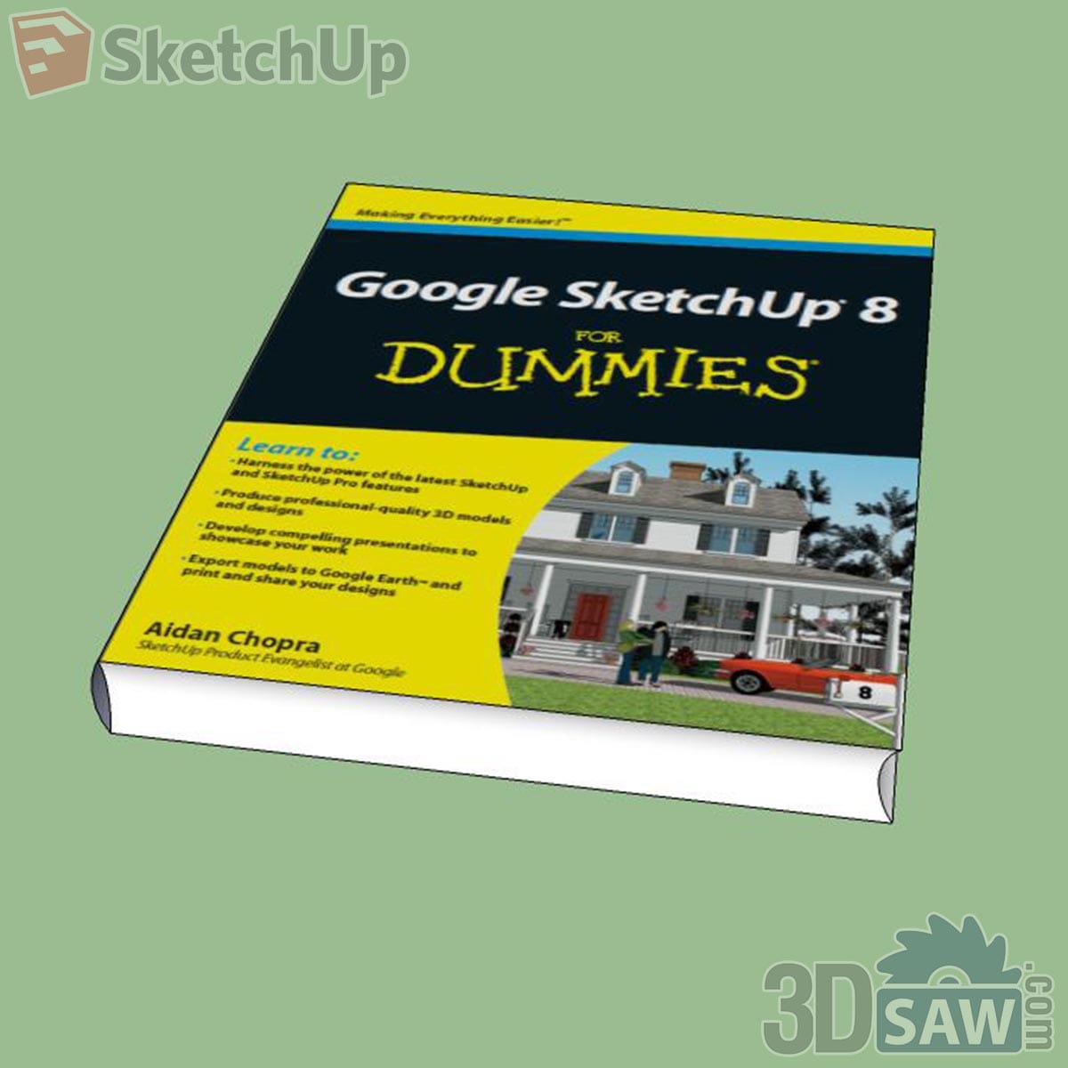 Thick software guide paperback lying flat with yellow and black cover and house photo