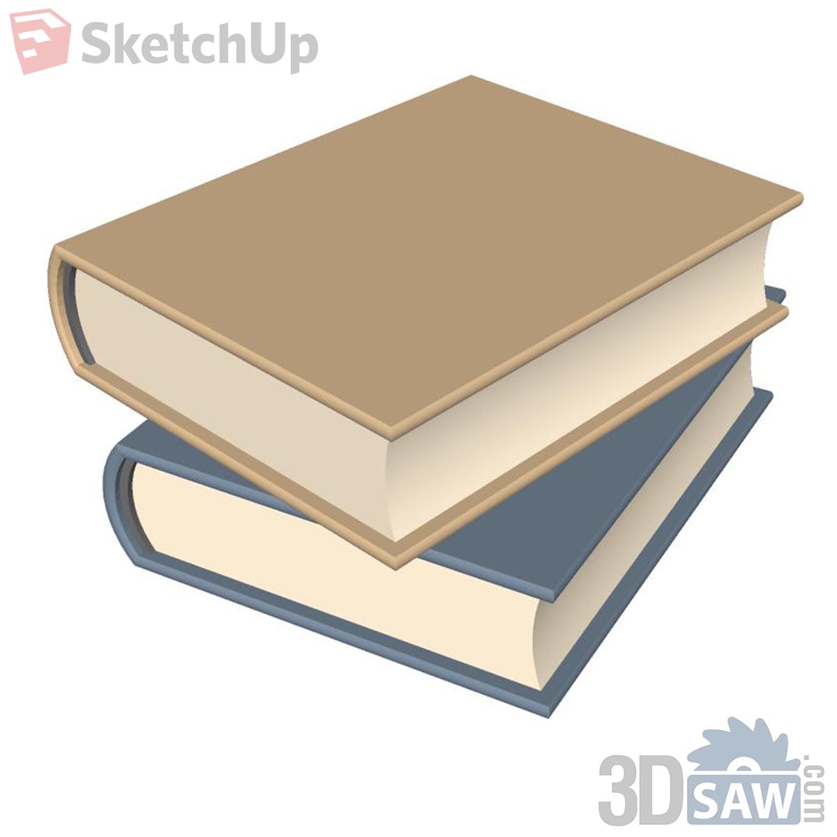 Two stacked hardcover books, tan on top and slate blue below, with cream pages