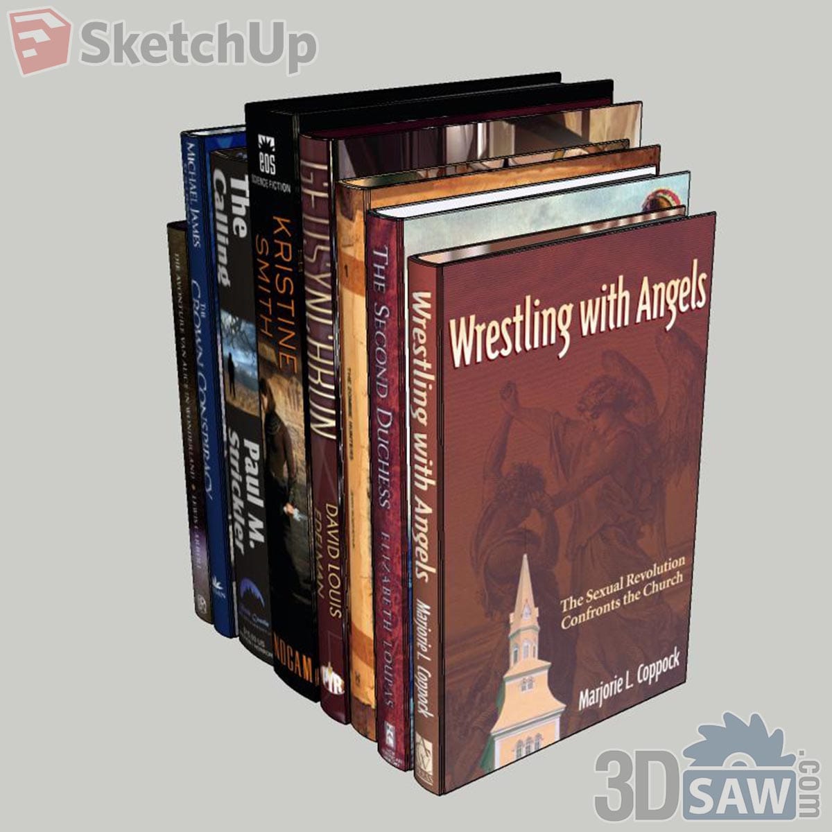 Group of eight upright hardcover books in maroon, navy and black with a church illustration on the front cover