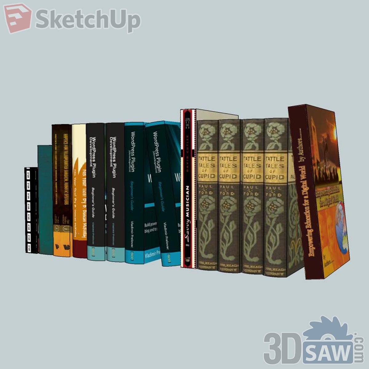 Mixed row of olive floral cloth books, black and teal technical paperbacks and a boxed volume