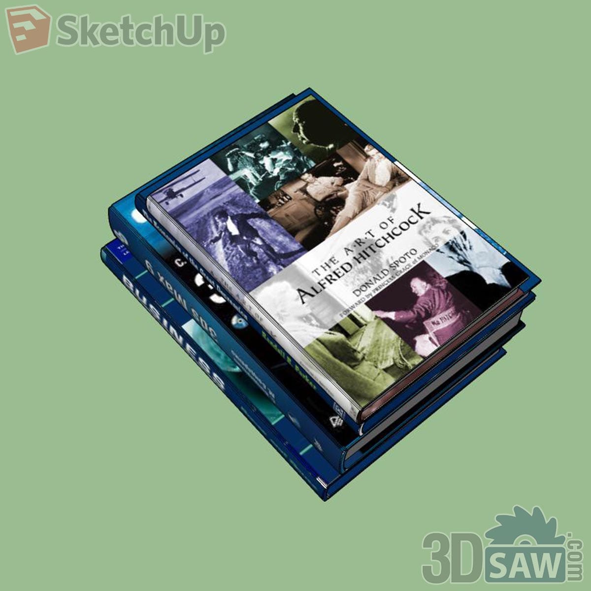 Stack of three blue hardcover books with a black and white film-still collage cover on top