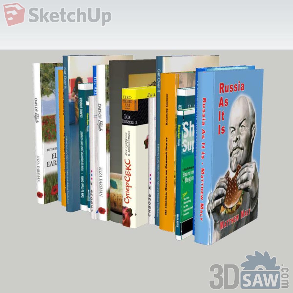 Mixed row of upright books with white, yellow, teal and orange spines and a blue illustrated cover in front