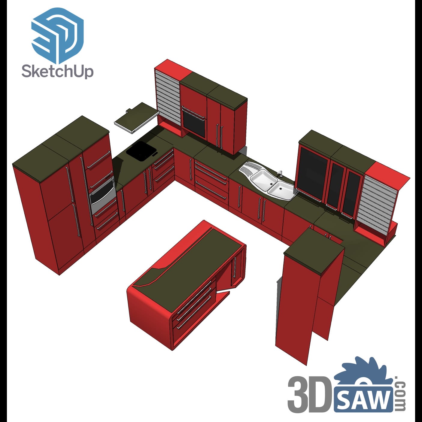 Red U-shaped kitchen with island and tall towers