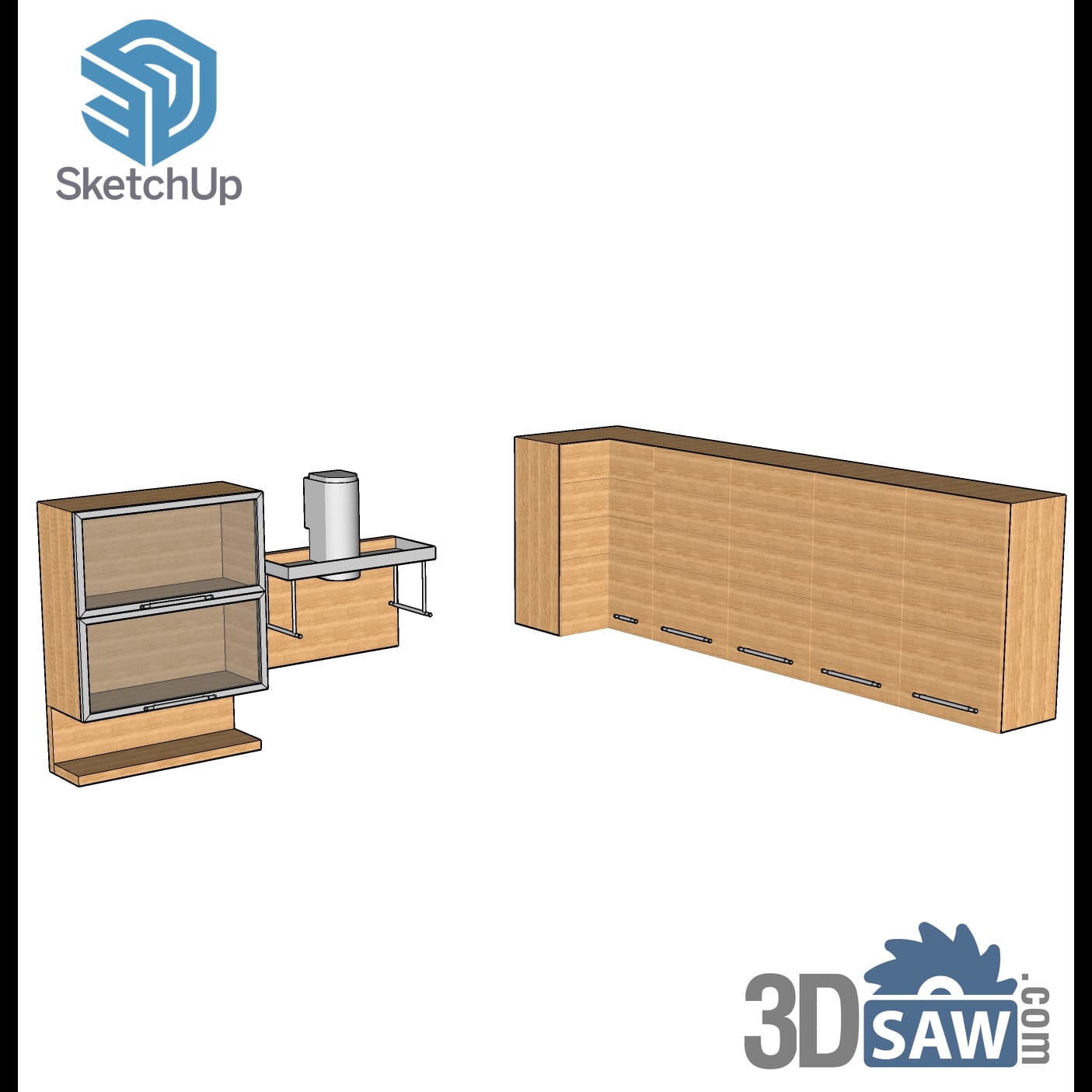 Oak wall cabinet run with glass-door unit and hood shelf