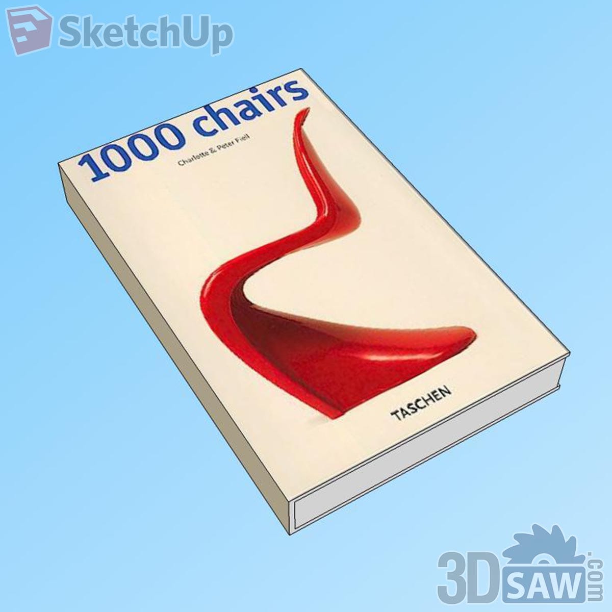 Large cream cover coffee table book with blue title and a glossy red moulded chair photo