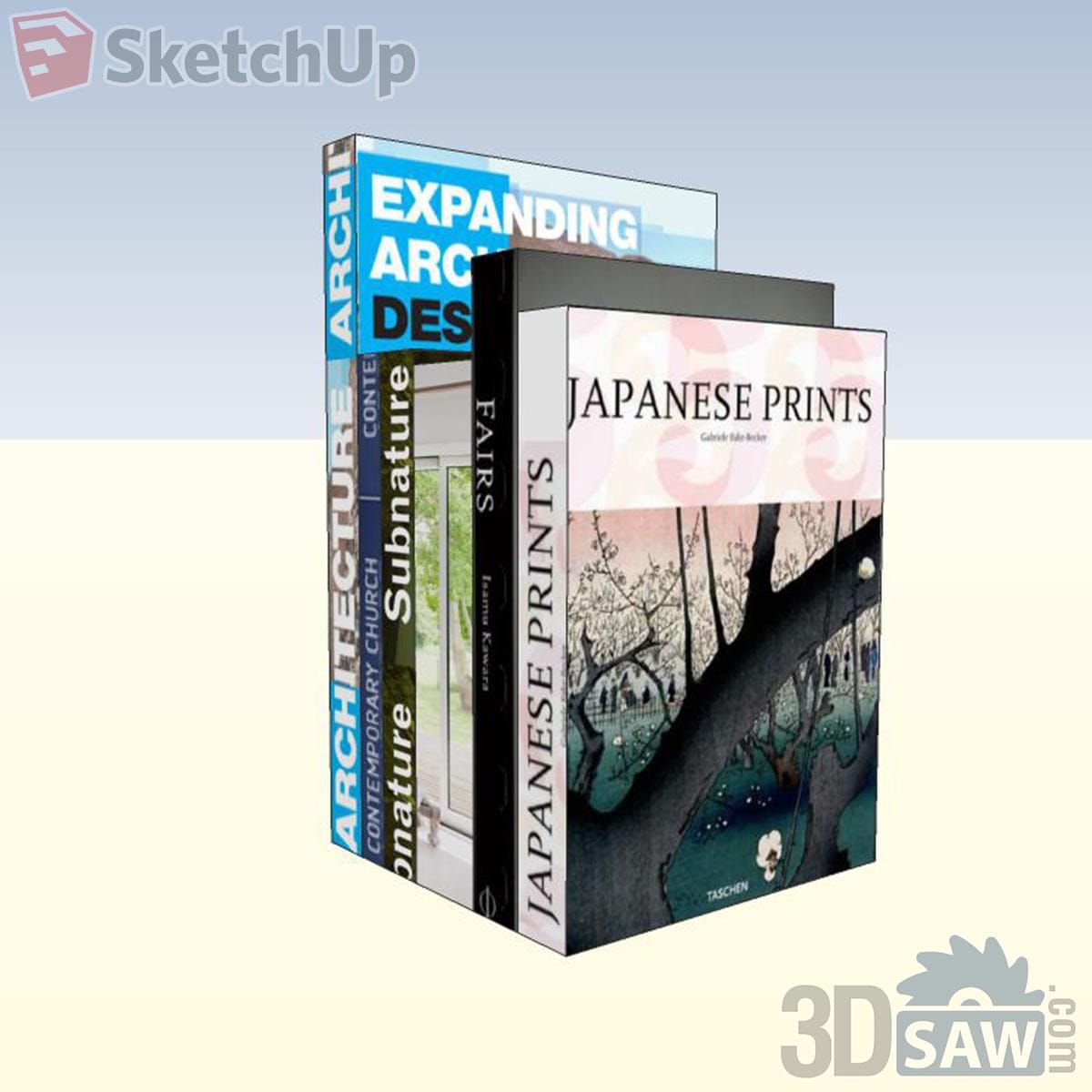 Four upright hardcover books with blue architecture, black and pink illustrated art covers