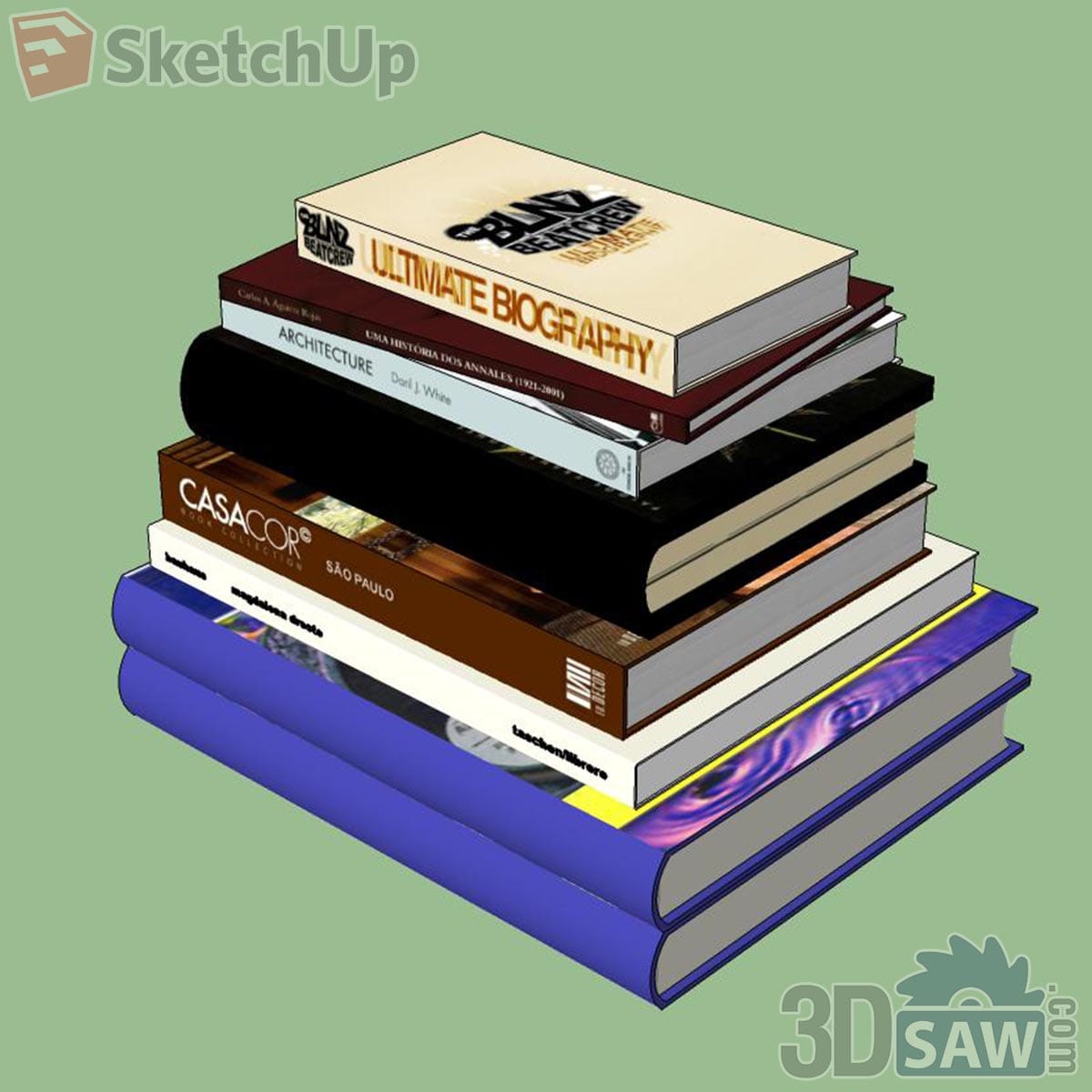 Tall pile of stacked hardcover books with blue, brown, black and cream covers