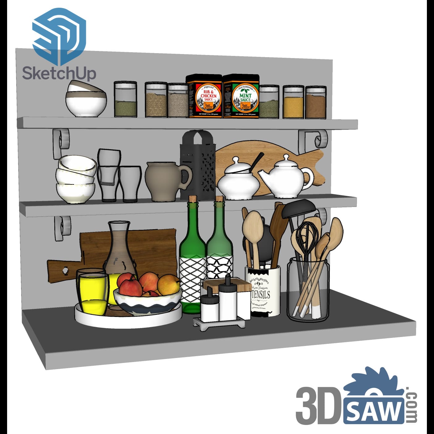 Kitchen wall shelf with spice jars, utensils, bowls and fruit