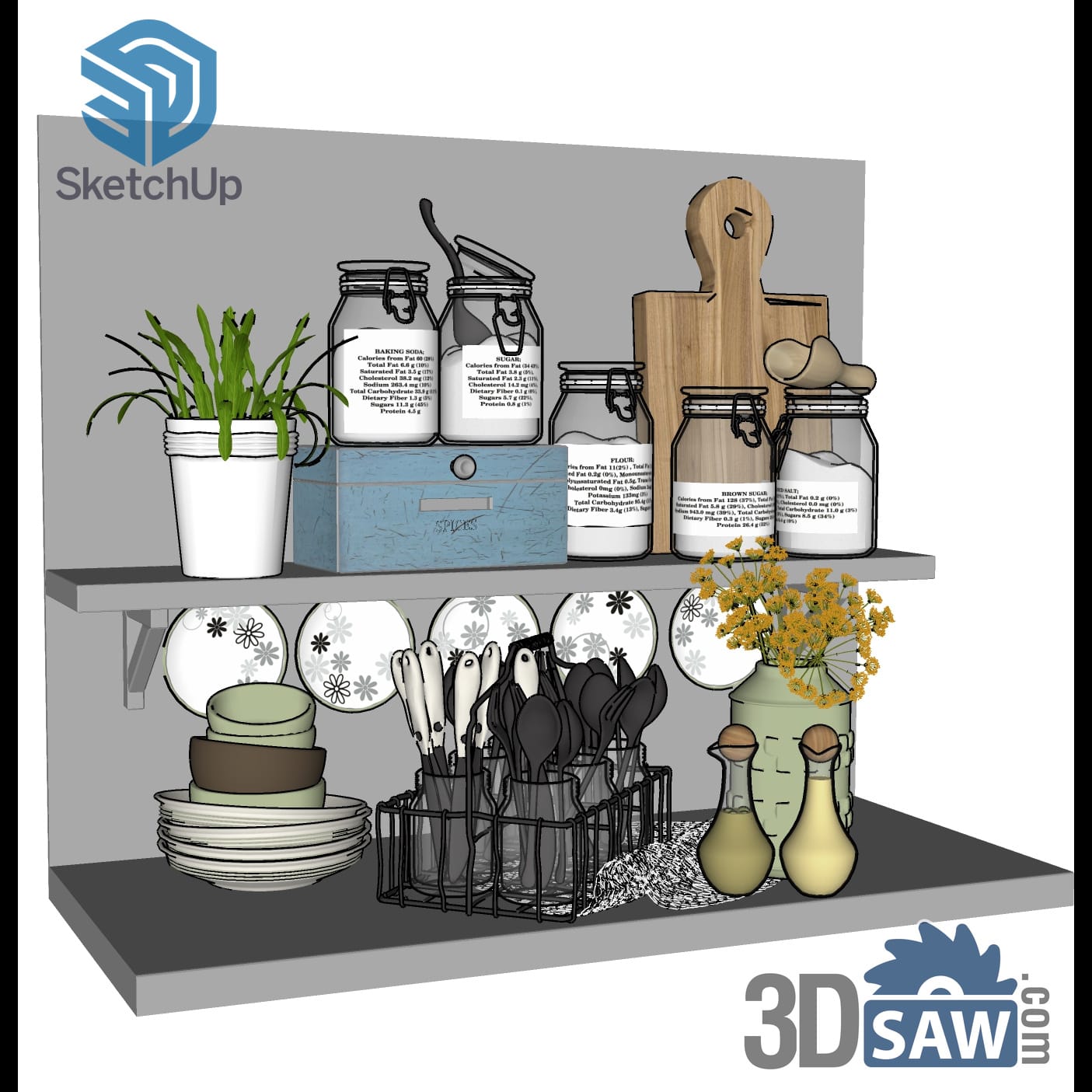 Kitchen shelf with glass jars, cutlery caddy, plates and flowers