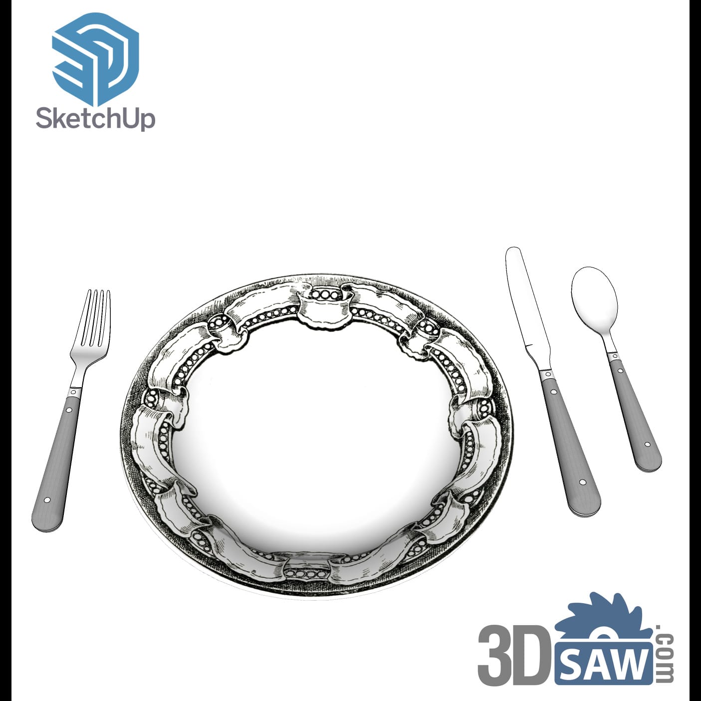 Ornate silver-rimmed plate with fork, knife and spoon