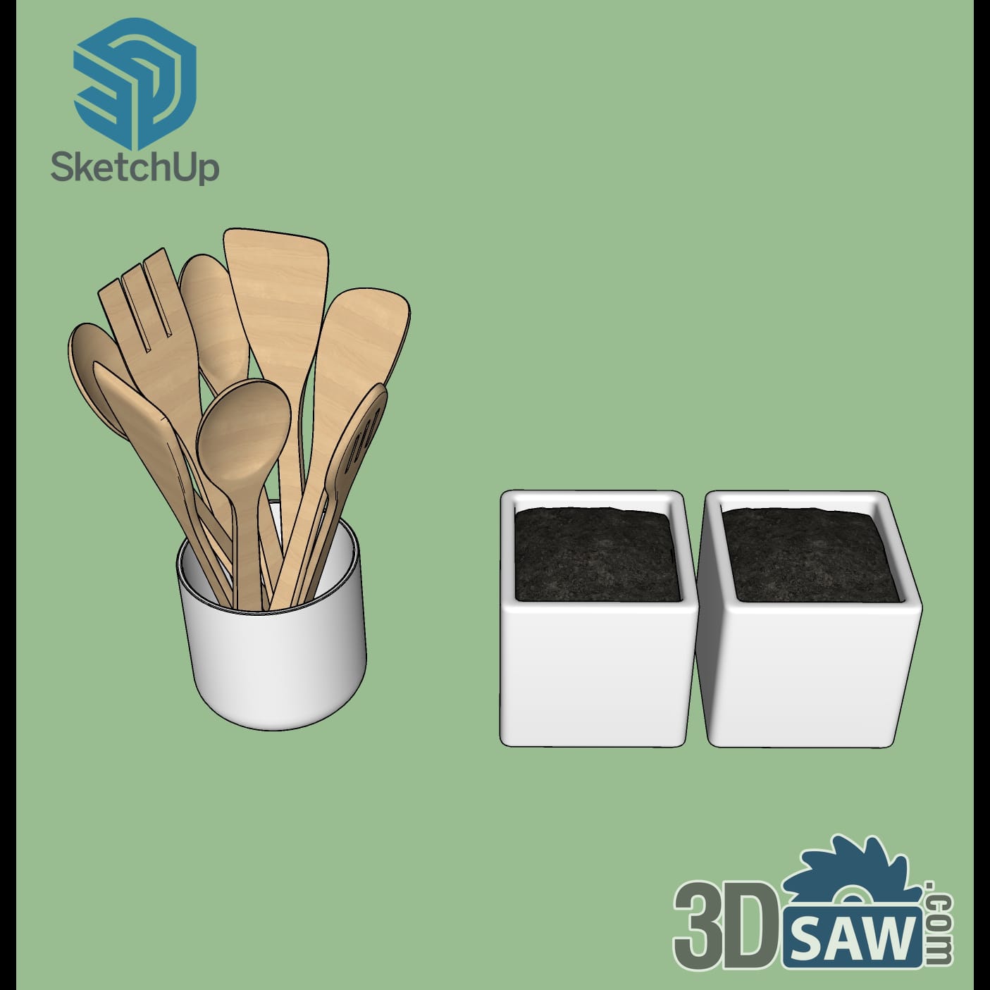 Wooden utensils in white crock beside two square planters