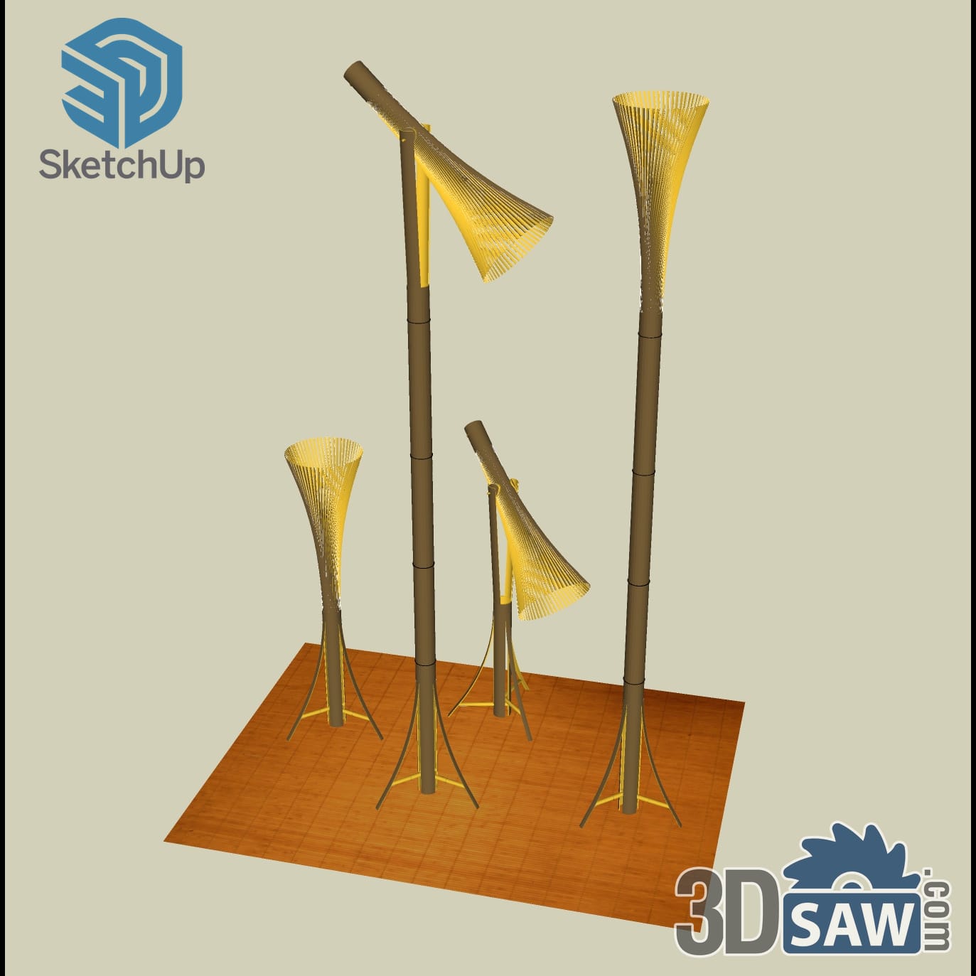 Bamboo pole floor lamps with yellow woven flared shades