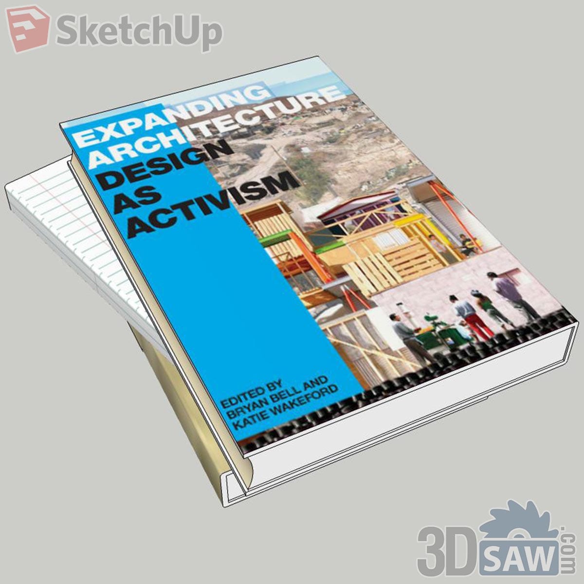 Paperback book with blue title block and timber hut photo cover on top of a spiral notepad