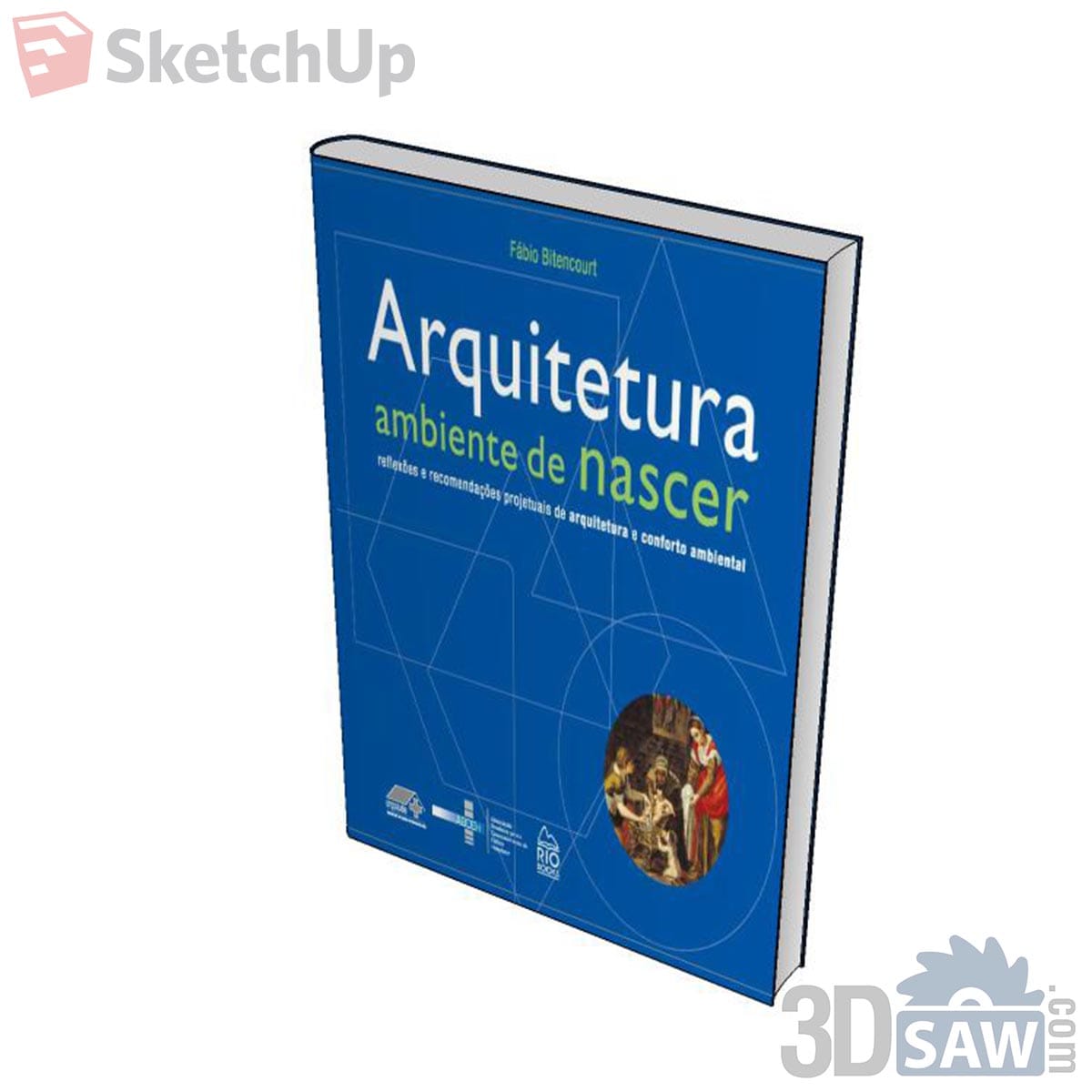 Standing hardcover book with deep blue cover, white lettering and round painted medallion